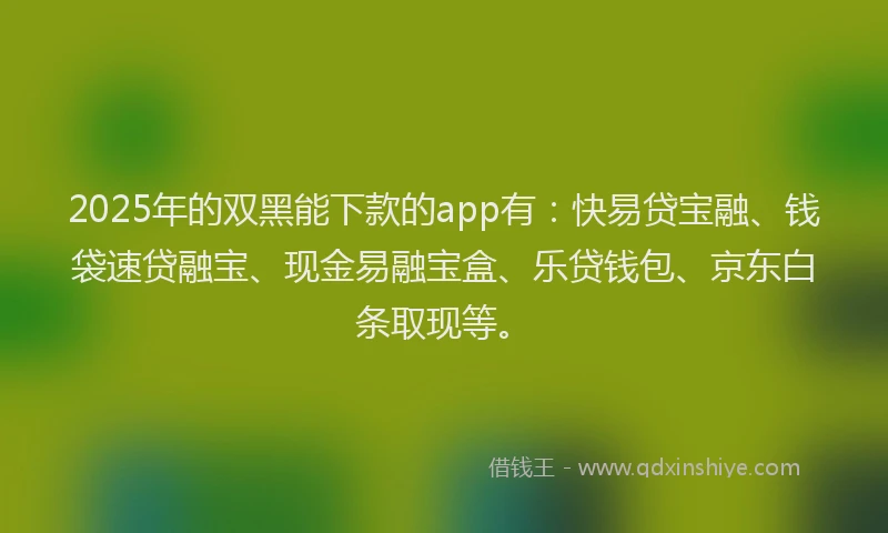2025年的双黑能下款的app有：快易贷宝融、钱袋速贷融宝、现金易融宝盒、乐贷钱包、京东白条取现等。