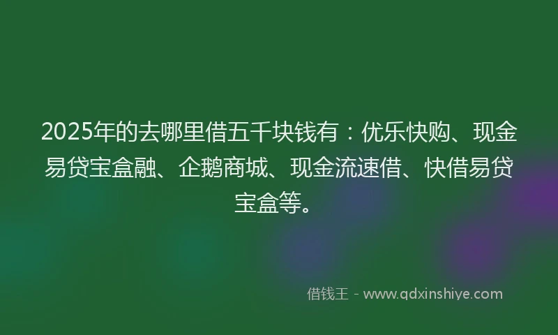 2025年的去哪里借五千块钱有：优乐快购、现金易贷宝盒融、企鹅商城、现金流速借、快借易贷宝盒等。