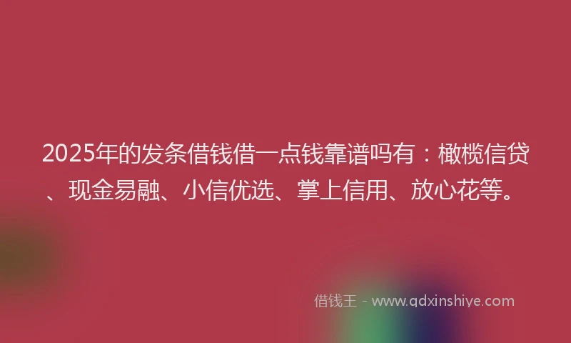 2025年的发条借钱借一点钱靠谱吗有：橄榄信贷、现金易融、小信优选、掌上信用、放心花等。