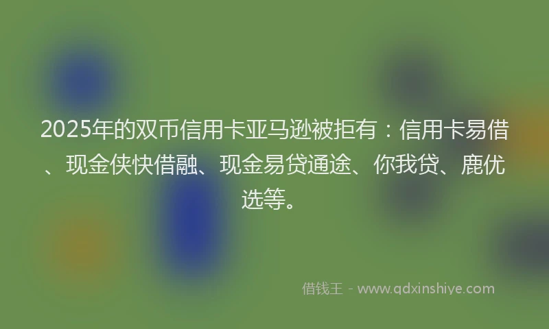 2025年的双币信用卡亚马逊被拒有：信用卡易借、现金侠快借融、现金易贷通途、你我贷、鹿优选等。