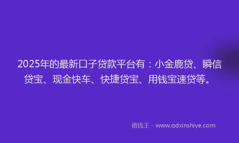 2025年的最新口子贷款平台有：小金鹿贷、瞬信贷宝、现金快车、快捷贷宝、用钱宝速贷等。