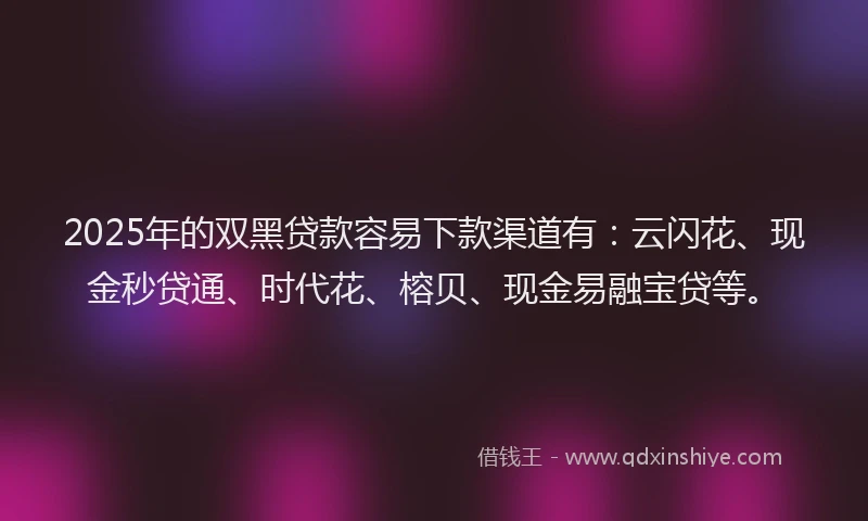 2025年的双黑贷款容易下款渠道有：云闪花、现金秒贷通、时代花、榕贝、现金易融宝贷等。