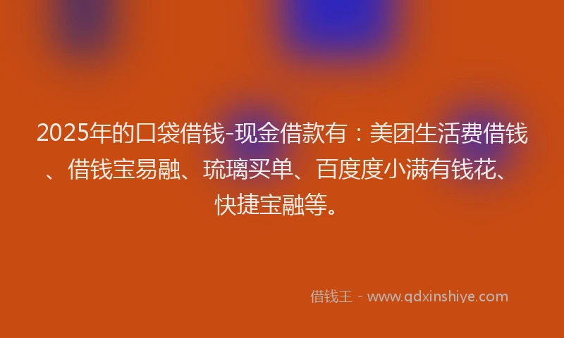 2025年的口袋借钱-现金借款有：美团生活费借钱、借钱宝易融、琉璃买单、百度度小满有钱花、快捷宝融等。