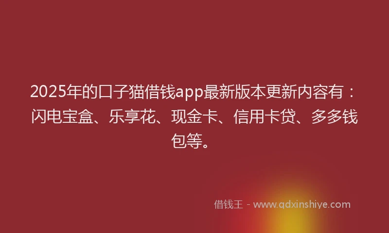 2025年的口子猫借钱app最新版本更新内容有：闪电宝盒、乐享花、现金卡、信用卡贷、多多钱包等。