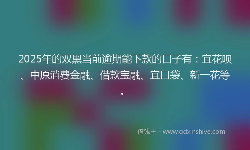 2025年的双黑当前逾期能下款的口子有：宜花呗、中原消费金融、借款宝融、宜口袋、新一花等。