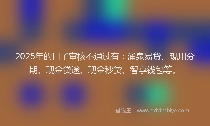 2025年的口子审核不通过有：涌泉易贷、现用分期、现金贷途、现金秒贷、智享钱包等。