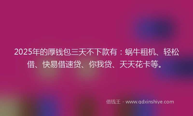 2025年的厚钱包三天不下款有：蜗牛租机、轻松借、快易借速贷、你我贷、天天花卡等。