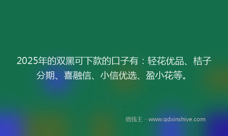 2025年的双黑可下款的口子有：轻花优品、桔子分期、喜融信、小信优选、盈小花等。