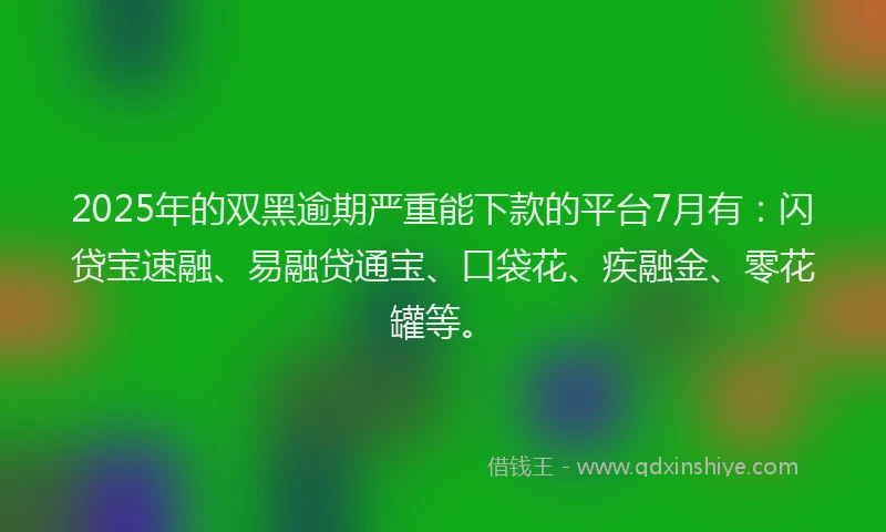 2025年的双黑逾期严重能下款的平台7月有：闪贷宝速融、易融贷通宝、口袋花、疾融金、零花罐等。