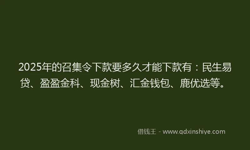 2025年的召集令下款要多久才能下款有：民生易贷、盈盈金科、现金树、汇金钱包、鹿优选等。