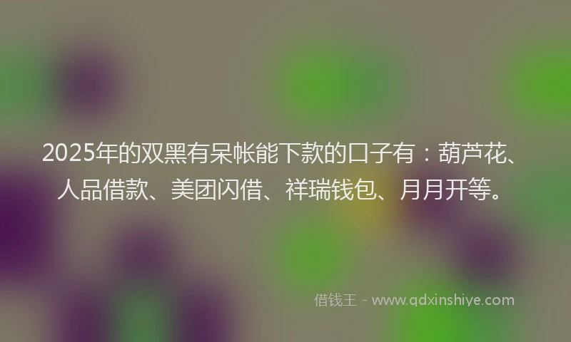 2025年的双黑有呆帐能下款的口子有：葫芦花、人品借款、美团闪借、祥瑞钱包、月月开等。