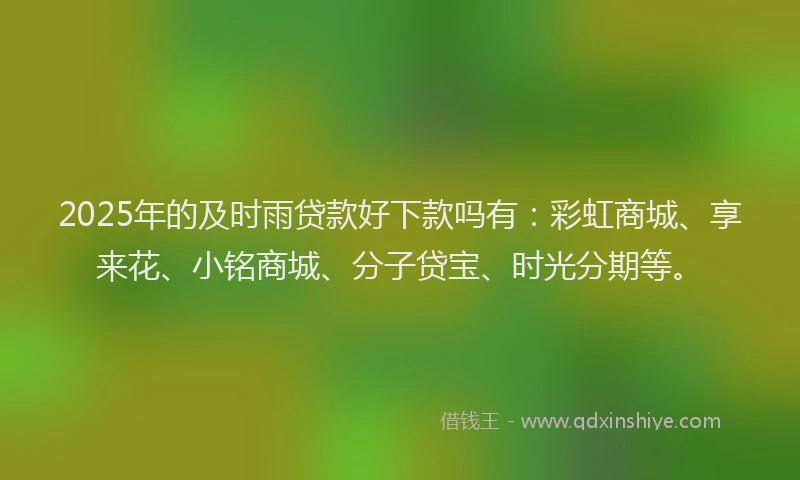 2025年的及时雨贷款好下款吗有：彩虹商城、享来花、小铭商城、分子贷宝、时光分期等。