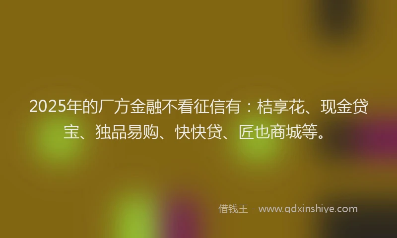 2025年的厂方金融不看征信有：桔享花、现金贷宝、独品易购、快快贷、匠也商城等。