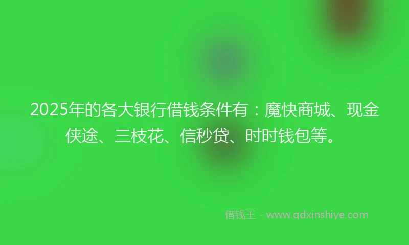 2025年的各大银行借钱条件有：魔快商城、现金侠途、三枝花、信秒贷、时时钱包等。