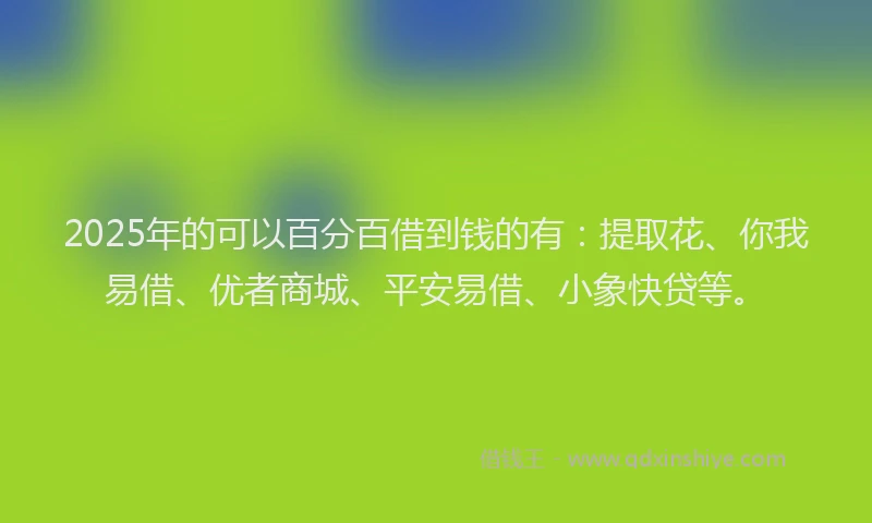 2025年的可以百分百借到钱的有：提取花、你我易借、优者商城、平安易借、小象快贷等。