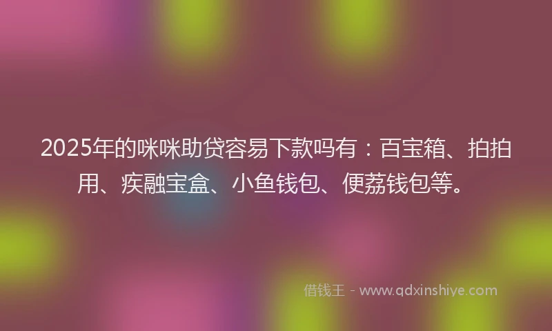 2025年的咪咪助贷容易下款吗有：百宝箱、拍拍用、疾融宝盒、小鱼钱包、便荔钱包等。