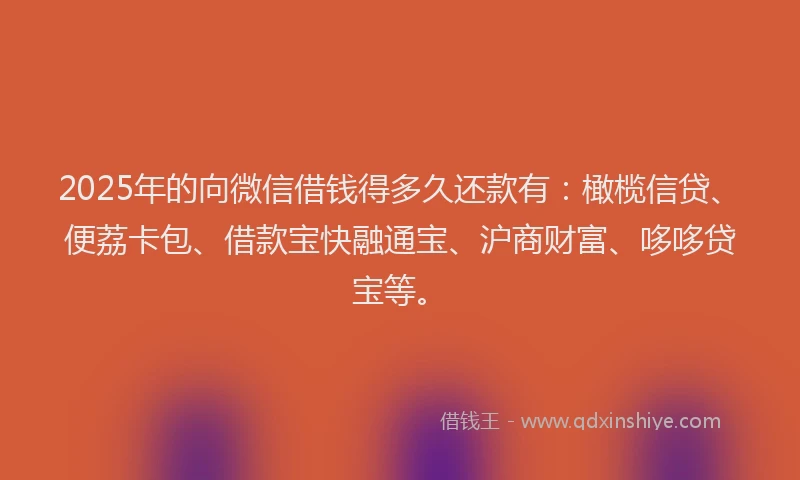 2025年的向微信借钱得多久还款有：橄榄信贷、便荔卡包、借款宝快融通宝、沪商财富、哆哆贷宝等。
