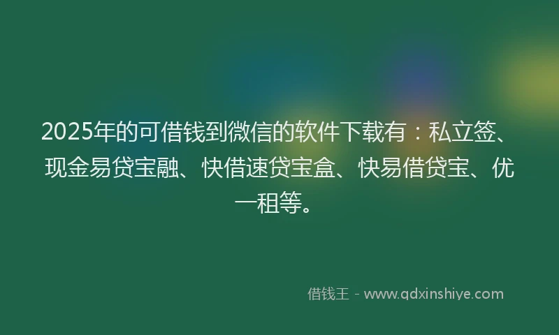 2025年的可借钱到微信的软件下载有：私立签、现金易贷宝融、快借速贷宝盒、快易借贷宝、优一租等。