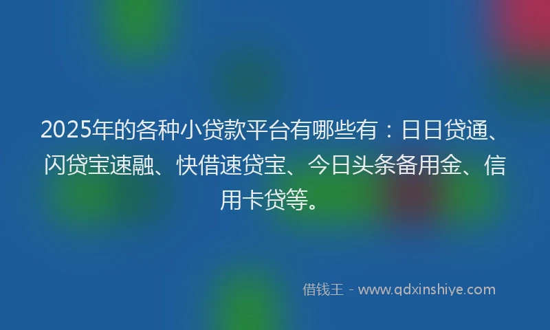 2025年的各种小贷款平台有哪些有：日日贷通、闪贷宝速融、快借速贷宝、今日头条备用金、信用卡贷等。