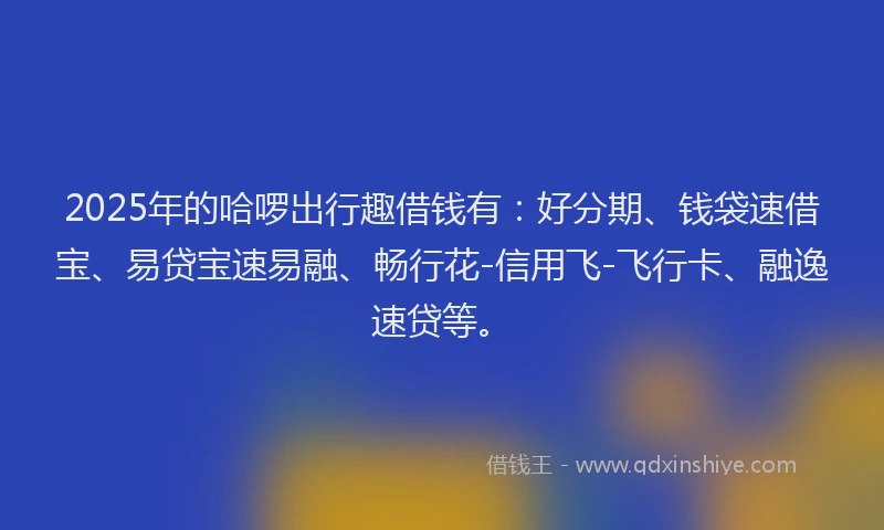 2025年的哈啰出行趣借钱有：好分期、钱袋速借宝、易贷宝速易融、畅行花-信用飞-飞行卡、融逸速贷等。