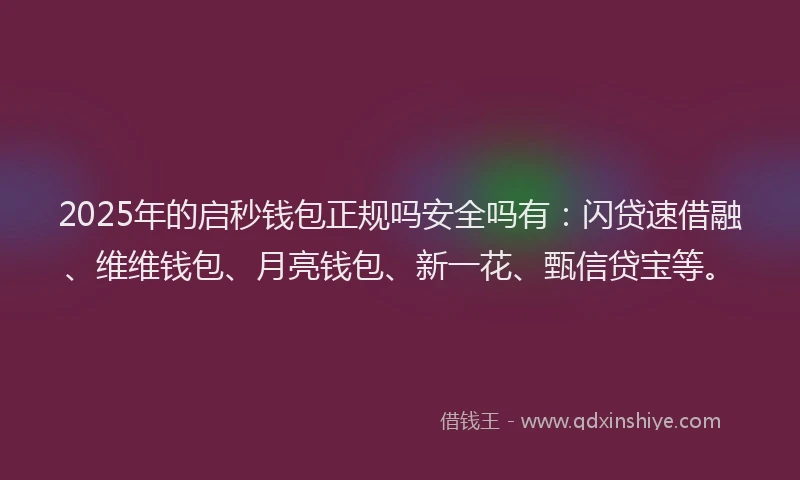 2025年的启秒钱包正规吗安全吗有：闪贷速借融、维维钱包、月亮钱包、新一花、甄信贷宝等。