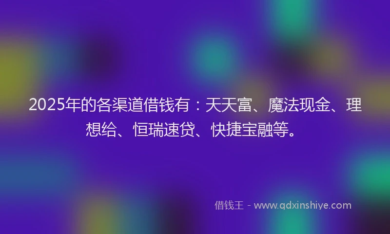2025年的各渠道借钱有：天天富、魔法现金、理想给、恒瑞速贷、快捷宝融等。