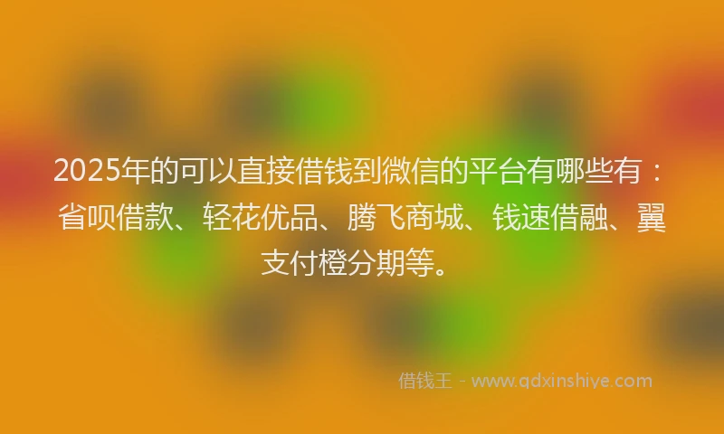 2025年的可以直接借钱到微信的平台有哪些有：省呗借款、轻花优品、腾飞商城、钱速借融、翼支付橙分期等。