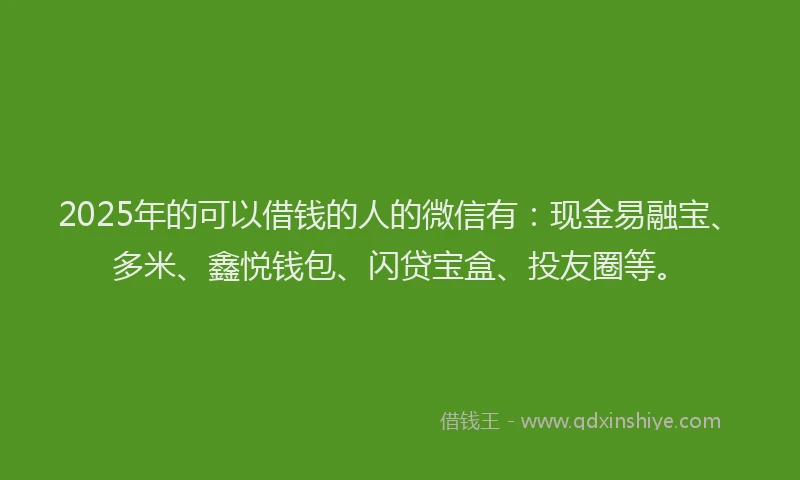 2025年的可以借钱的人的微信有：现金易融宝、多米、鑫悦钱包、闪贷宝盒、投友圈等。