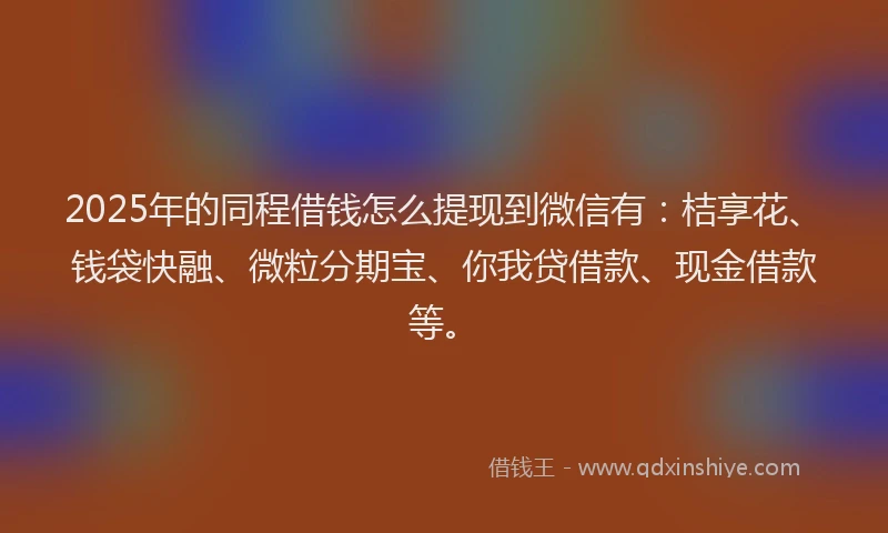 2025年的同程借钱怎么提现到微信有：桔享花、钱袋快融、微粒分期宝、你我贷借款、现金借款等。