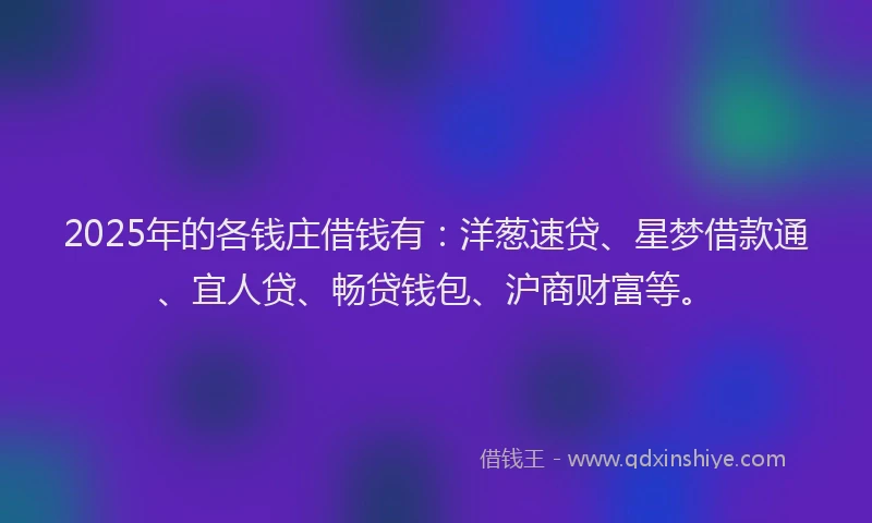 2025年的各钱庄借钱有：洋葱速贷、星梦借款通、宜人贷、畅贷钱包、沪商财富等。