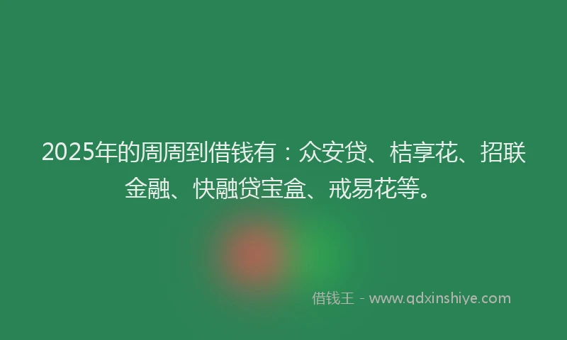 2025年的周周到借钱有：众安贷、桔享花、招联金融、快融贷宝盒、戒易花等。