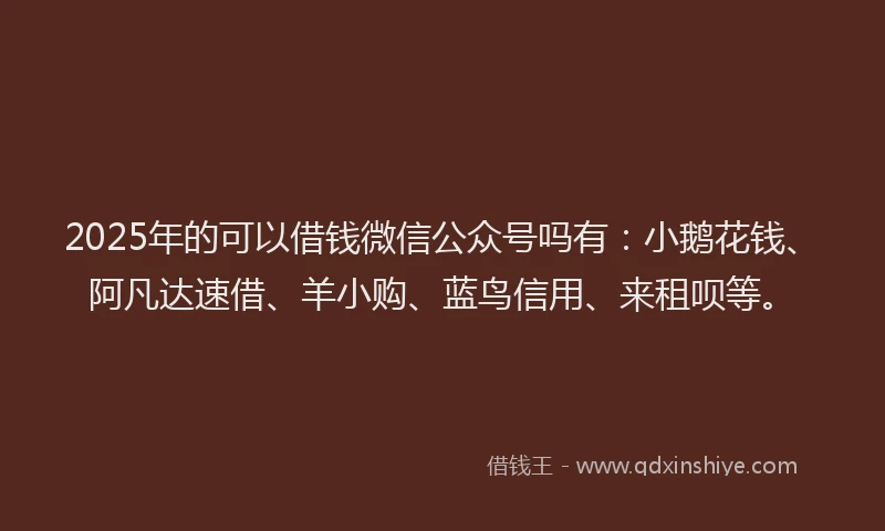 2025年的可以借钱微信公众号吗有：小鹅花钱、阿凡达速借、羊小购、蓝鸟信用、来租呗等。
