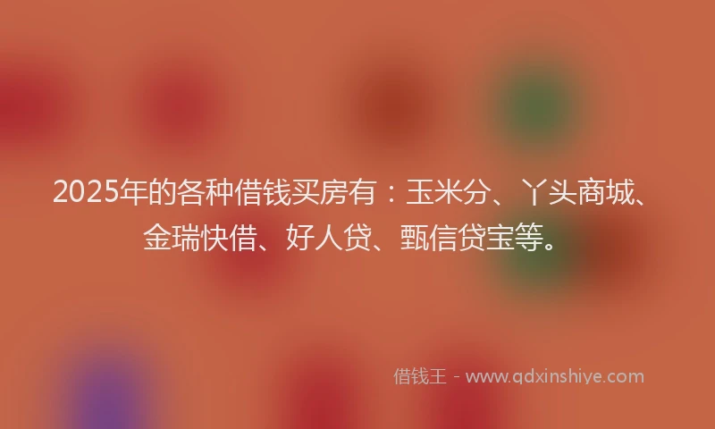 2025年的各种借钱买房有：玉米分、丫头商城、金瑞快借、好人贷、甄信贷宝等。
