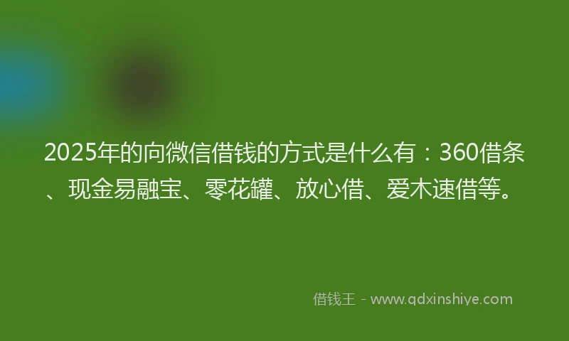 2025年的向微信借钱的方式是什么有：360借条、现金易融宝、零花罐、放心借、爱木速借等。