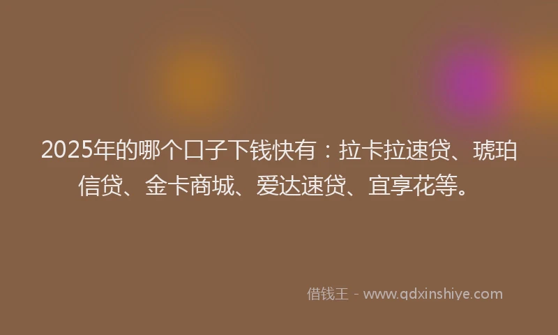 2025年的哪个口子下钱快有：拉卡拉速贷、琥珀信贷、金卡商城、爱达速贷、宜享花等。