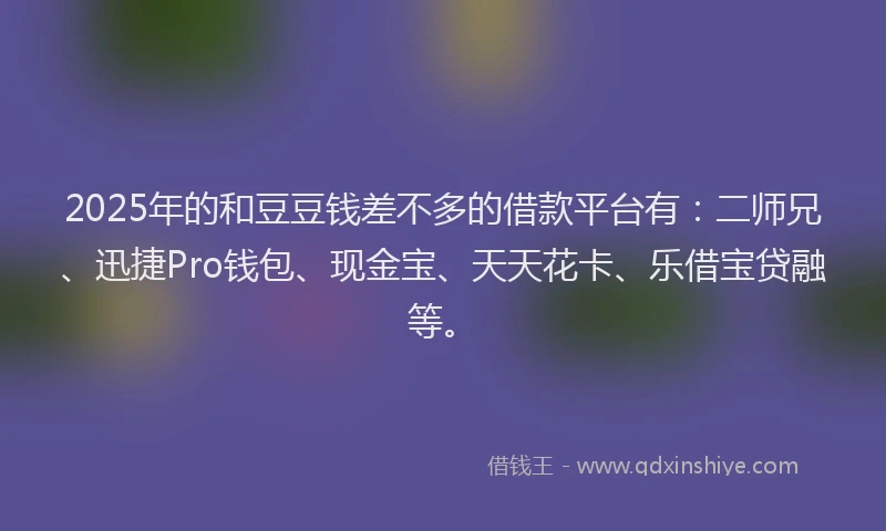 2025年的和豆豆钱差不多的借款平台有:二师兄、迅捷Pro钱包、现金宝、天天花卡、乐借宝贷融等。