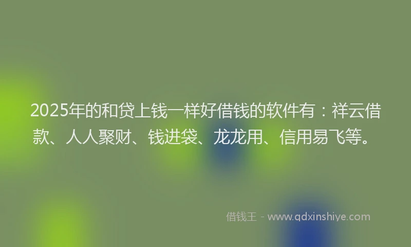 2025年的和贷上钱一样好借钱的软件有：祥云借款、人人聚财、钱进袋、龙龙用、信用易飞等。