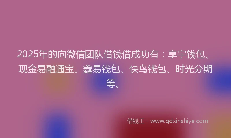2025年的向微信团队借钱借成功有：享宇钱包、现金易融通宝、鑫易钱包、快鸟钱包、时光分期等。