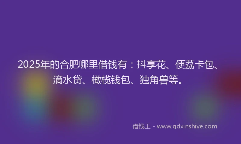 2025年的合肥哪里借钱有：抖享花、便荔卡包、滴水贷、橄榄钱包、独角兽等。