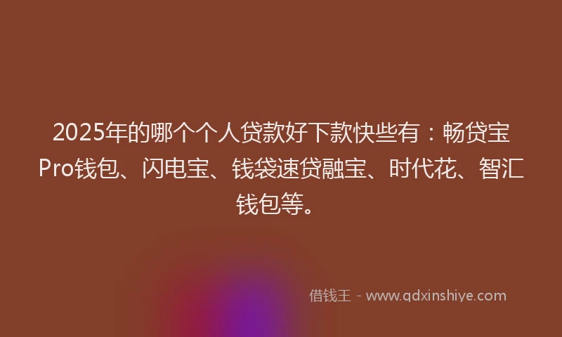 2025年的哪个个人贷款好下款快些有：畅贷宝Pro钱包、闪电宝、钱袋速贷融宝、时代花、智汇钱包等。