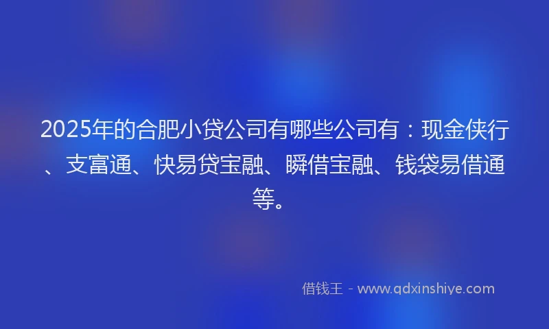 2025年的合肥小贷公司有哪些公司有：现金侠行、支富通、快易贷宝融、瞬借宝融、钱袋易借通等。