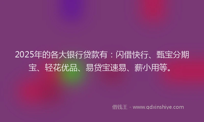 2025年的各大银行贷款有：闪借快行、甄宝分期宝、轻花优品、易贷宝速易、薪小用等。