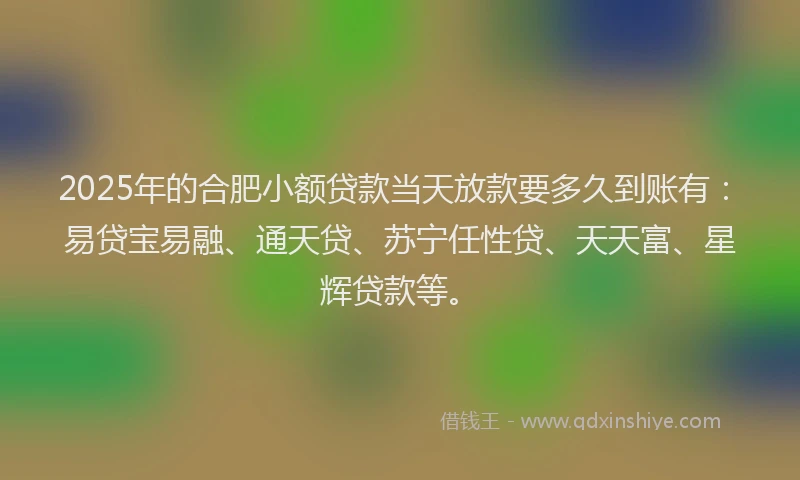2025年的合肥小额贷款当天放款要多久到账有：易贷宝易融、通天贷、苏宁任性贷、天天富、星辉贷款等。