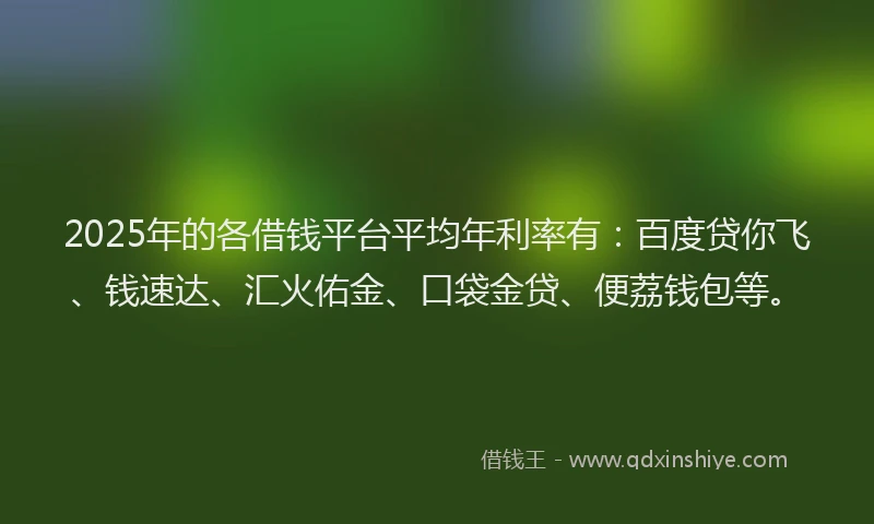 2025年的各借钱平台平均年利率有：百度贷你飞、钱速达、汇火佑金、口袋金贷、便荔钱包等。