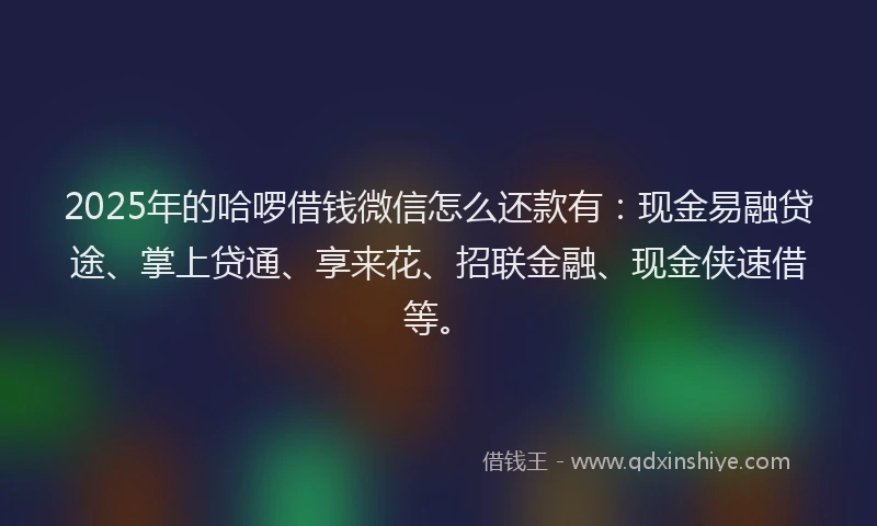 2025年的哈啰借钱微信怎么还款有：现金易融贷途、掌上贷通、享来花、招联金融、现金侠速借等。