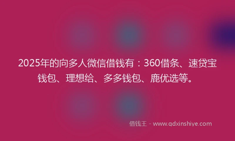 2025年的向多人微信借钱有：360借条、速贷宝钱包、理想给、多多钱包、鹿优选等。