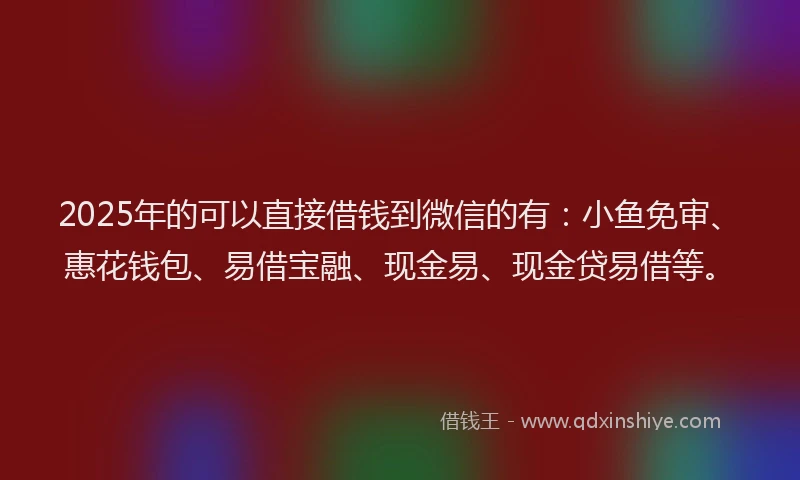 2025年的可以直接借钱到微信的有：小鱼免审、惠花钱包、易借宝融、现金易、现金贷易借等。