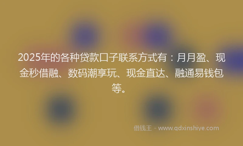 2025年的各种贷款口子联系方式有：月月盈、现金秒借融、数码潮享玩、现金直达、融通易钱包等。