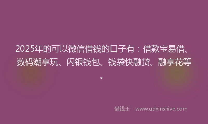 2025年的可以微信借钱的口子有：借款宝易借、数码潮享玩、闪银钱包、钱袋快融贷、融享花等。