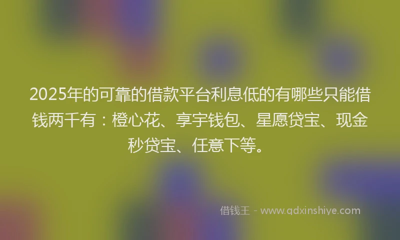 2025年的可靠的借款平台利息低的有哪些只能借钱两千有：橙心花、享宇钱包、星愿贷宝、现金秒贷宝、任意下等。